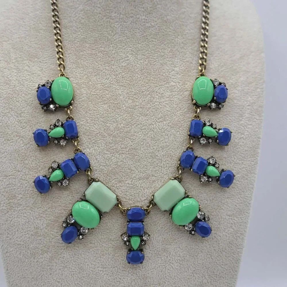 J Crew Blue Green Resin Necklace with Crystals Silver Tone